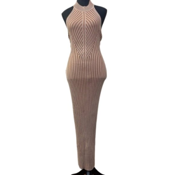 Sovere Womens 6 Halter Neck Bodycon Midi Dress Tan Color - Picture 2 of 7